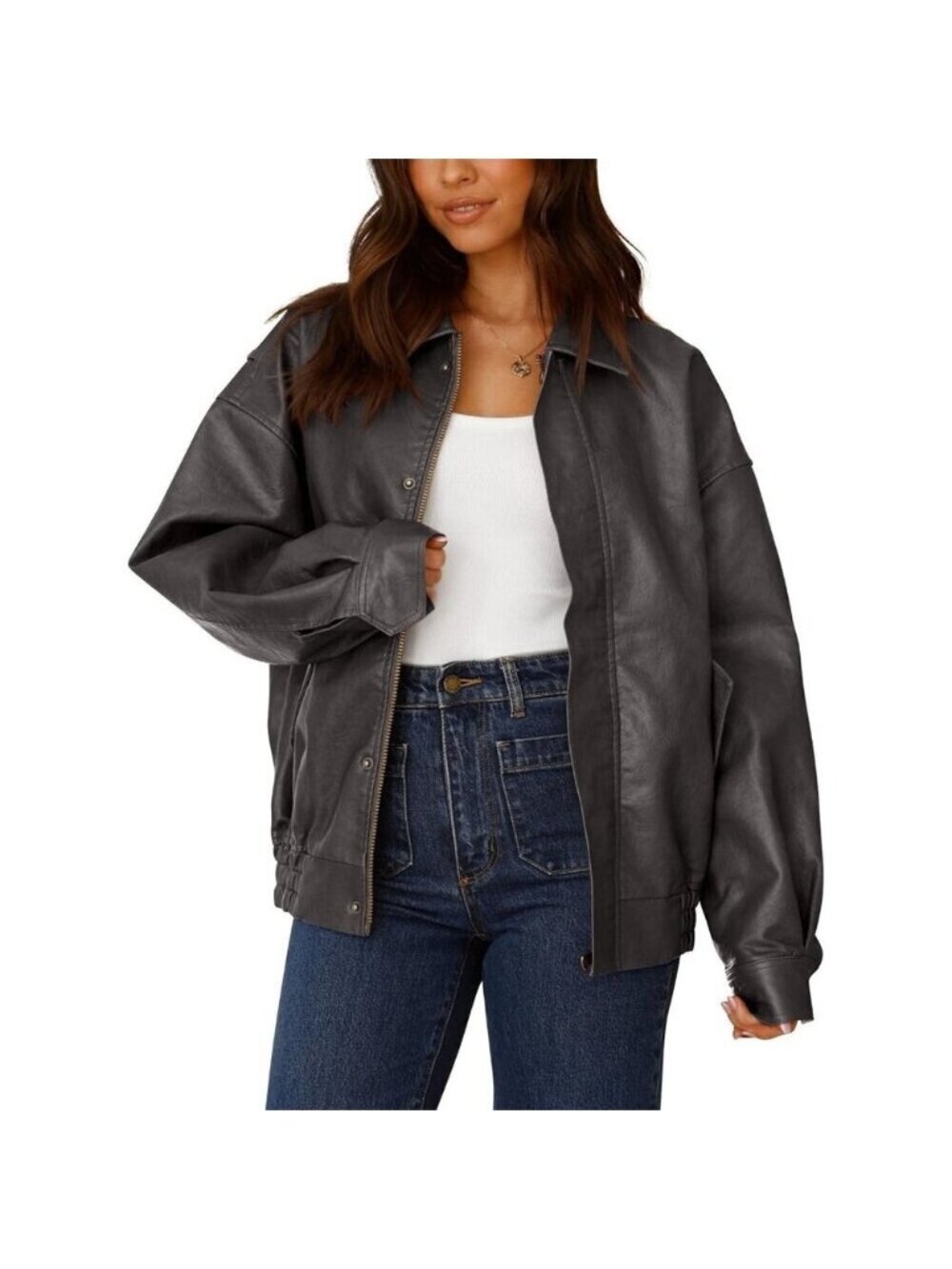 Women Grey Faux Leather Motorcycle Jacket Trendy Fall Spring Clothes Outerwear